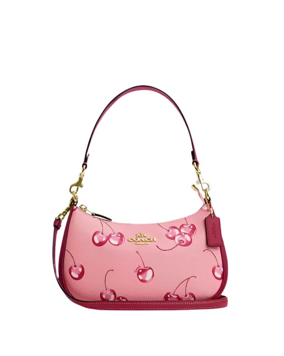 COACH TERI SHOULDER SIGNATURE CANVAS WITH CHERRY PRINT.