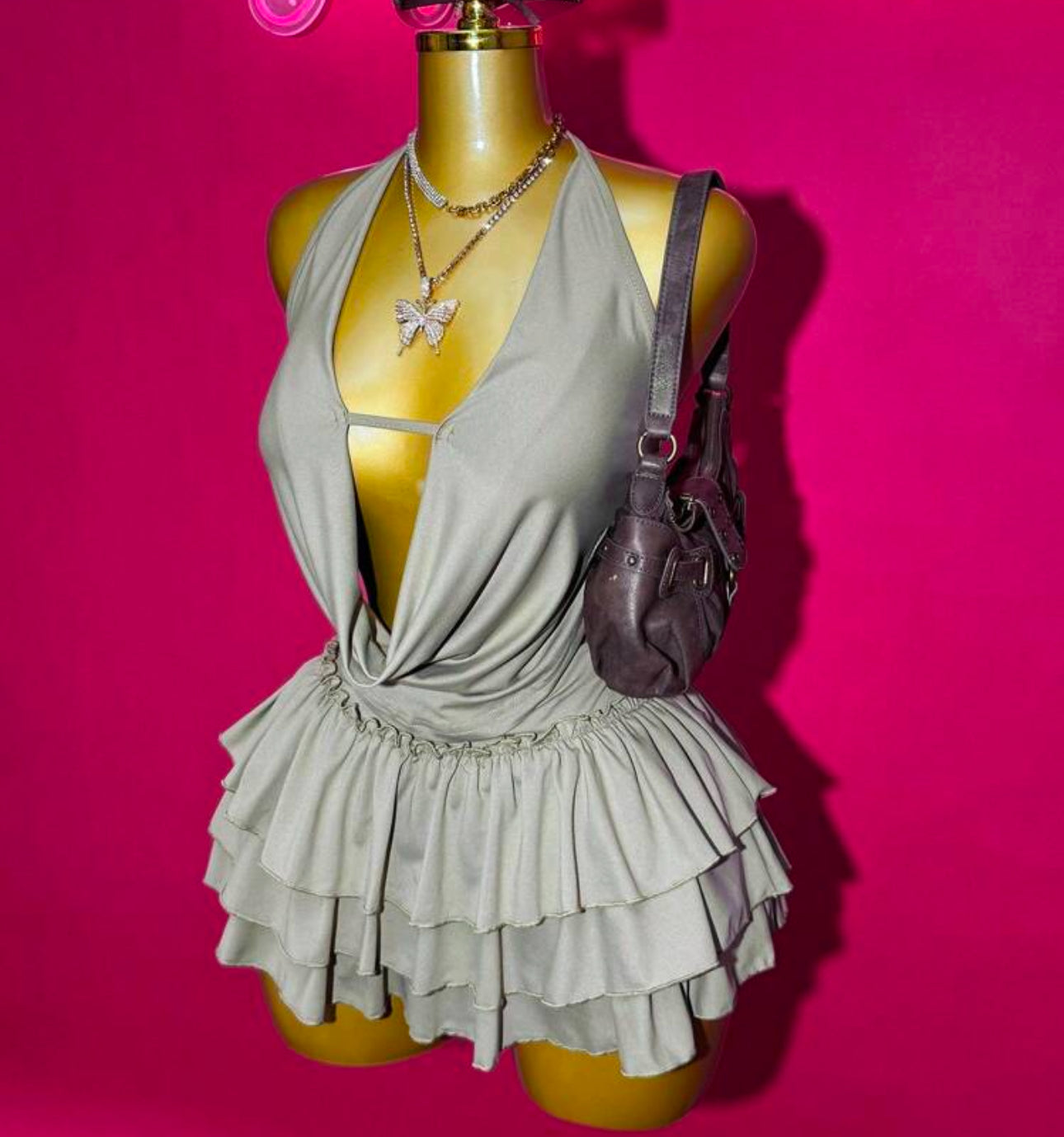 DIANA HALTER TOP AND RUFFLED MINI SKIRT TWO PIECE GREY SET