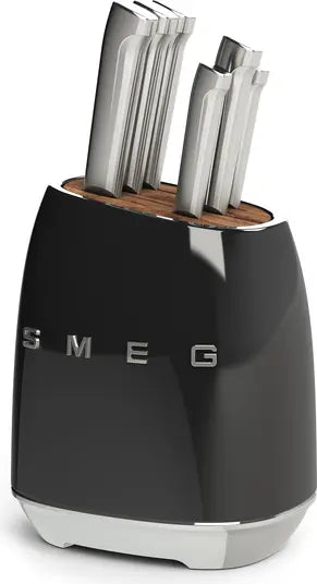 SMEG CREAM STAINLESS STEEL KNIFE BLOCK SET.