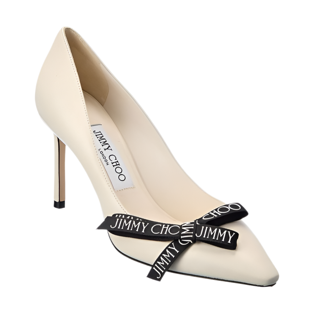 JIMMY CHOO ROMY 60 LATTE NAPPA LEATHER POINTED TOE PUMPS WITH BOW