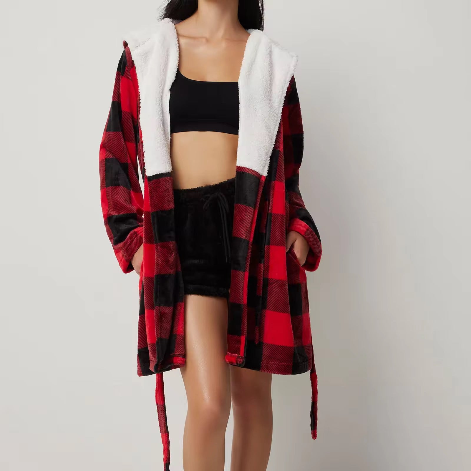 FADED CHECKERED PYJAMA LAPEL NIGHT ROBE