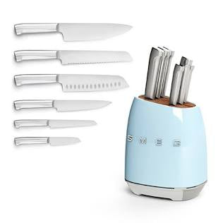SMEG CREAM STAINLESS STEEL KNIFE BLOCK SET.