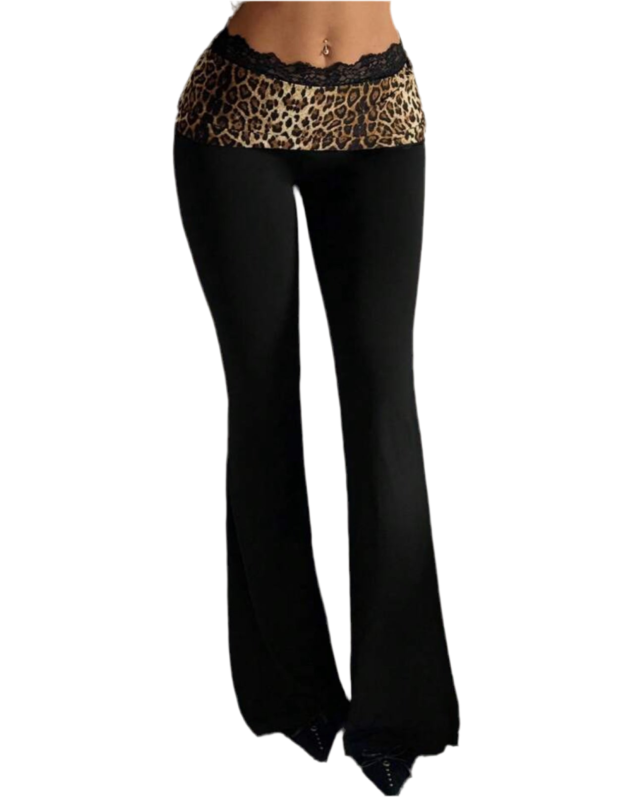 LEOPARD PRINT FOLD WAIST LACE TRIM FLARED TROUSERS