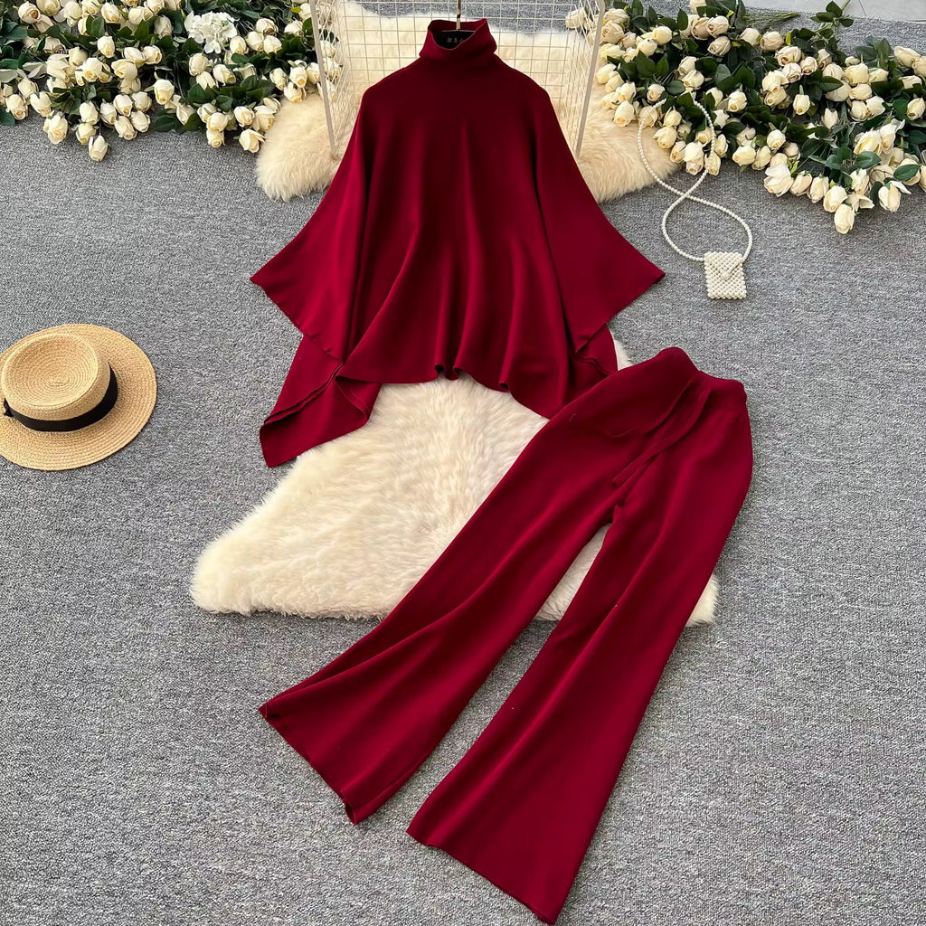 LUINA TWO PIECE COZY BAT WING & HIGH WAIST SLIM KNITTED PANTS SET