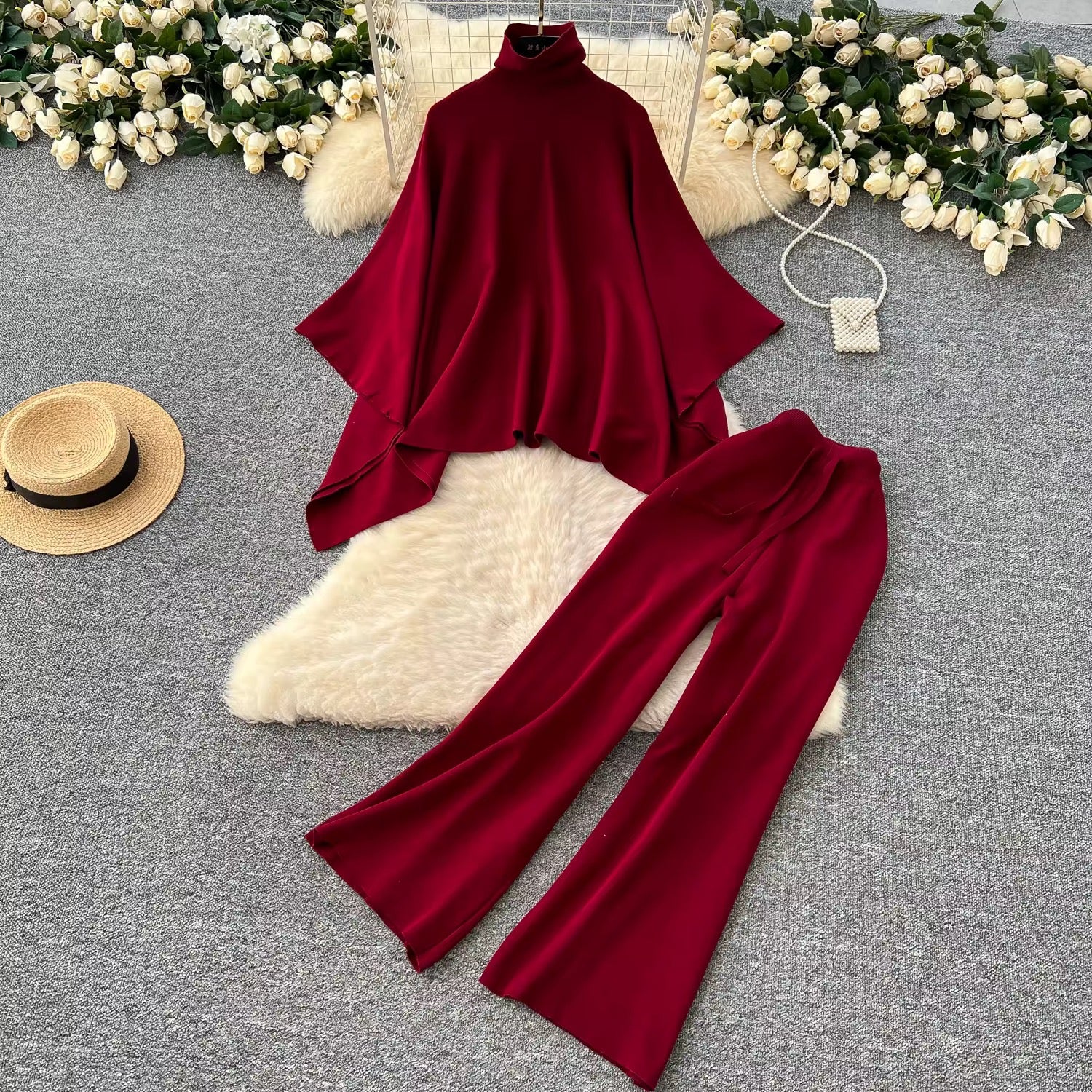 LUINA TWO PIECE COZY BAT WING & HIGH WAIST SLIM KNITTED PANTS SET