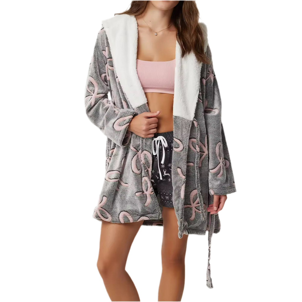 FADED BOW PRINT LAPEL NIGHT ROBE
