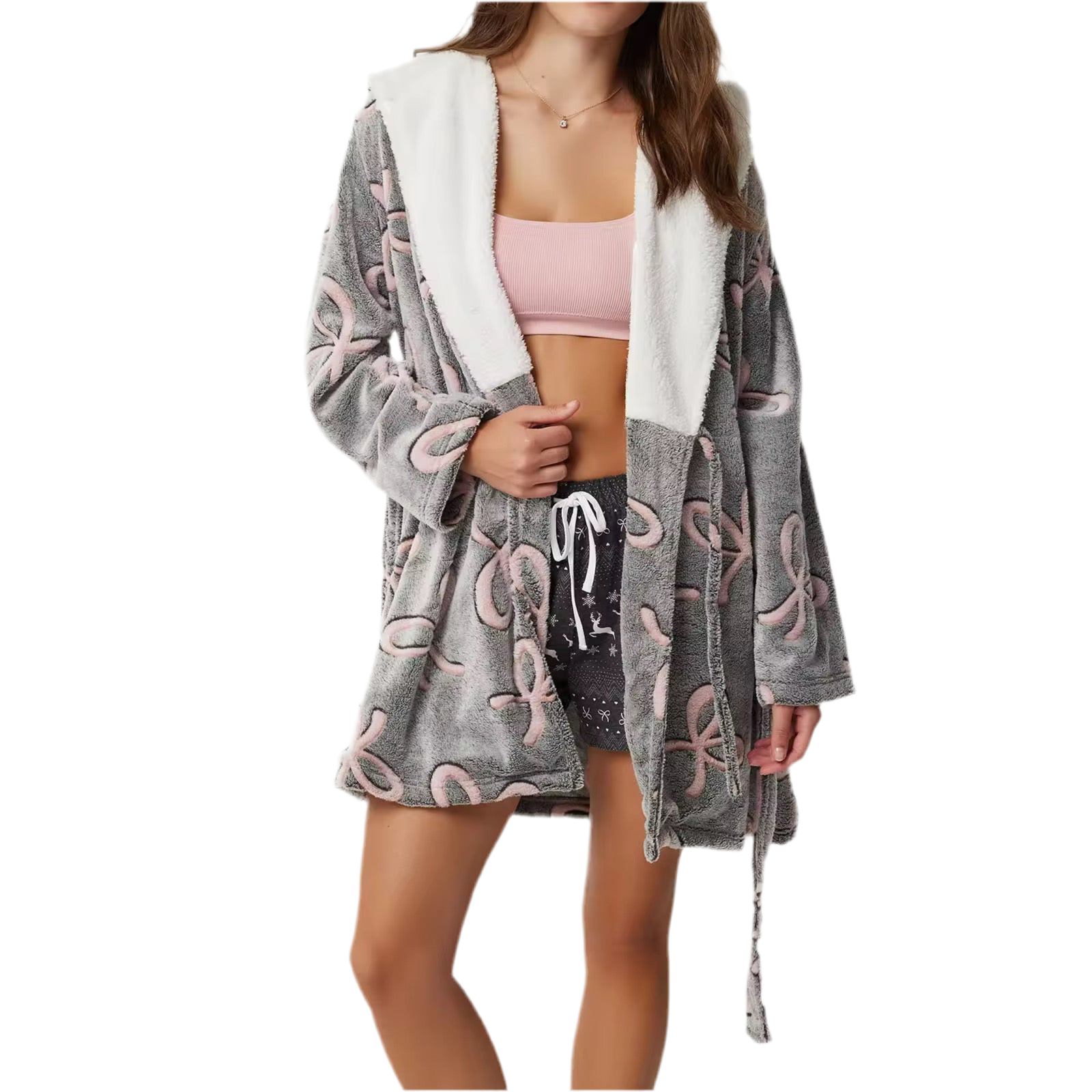 FADED BOW PRINT LAPEL NIGHT ROBE