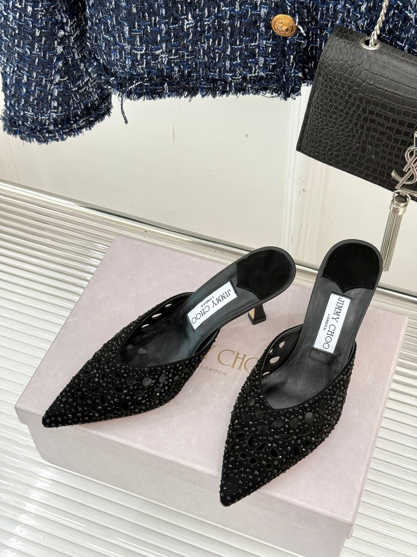 JIMMY CHOO SOLAR 70 LEATHER EMBELLISHED MULES
