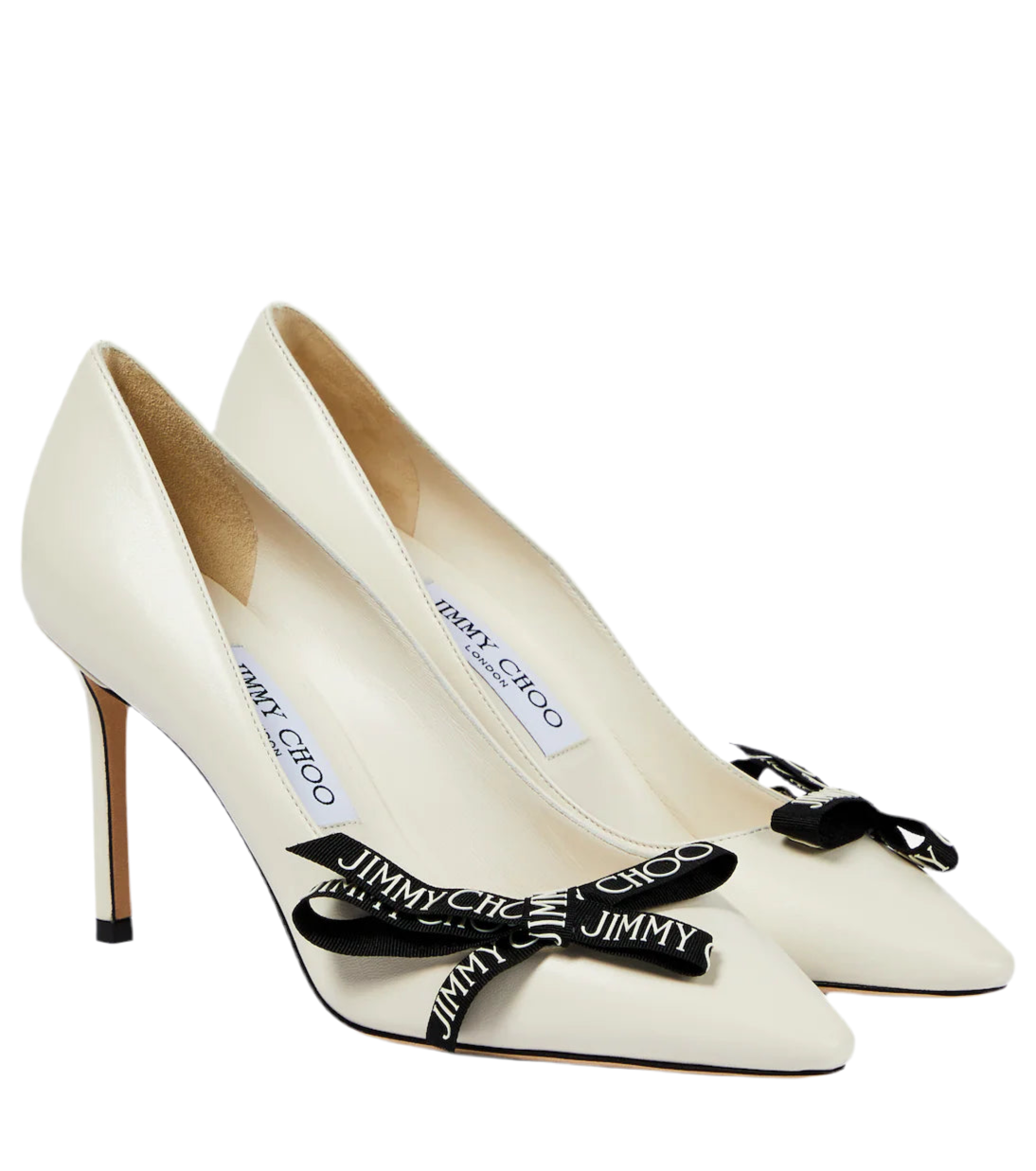 JIMMY CHOO ROMY 60 LATTE NAPPA LEATHER POINTED TOE PUMPS WITH BOW