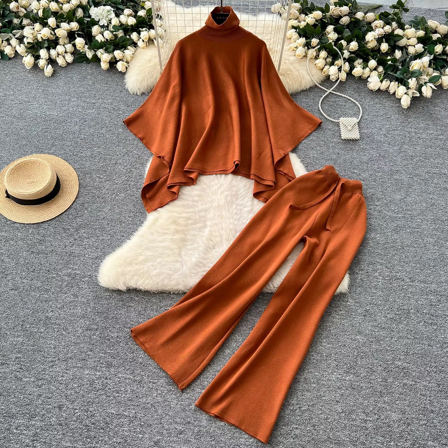 LUINA TWO PIECE COZY BAT WING & HIGH WAIST SLIM KNITTED PANTS SET