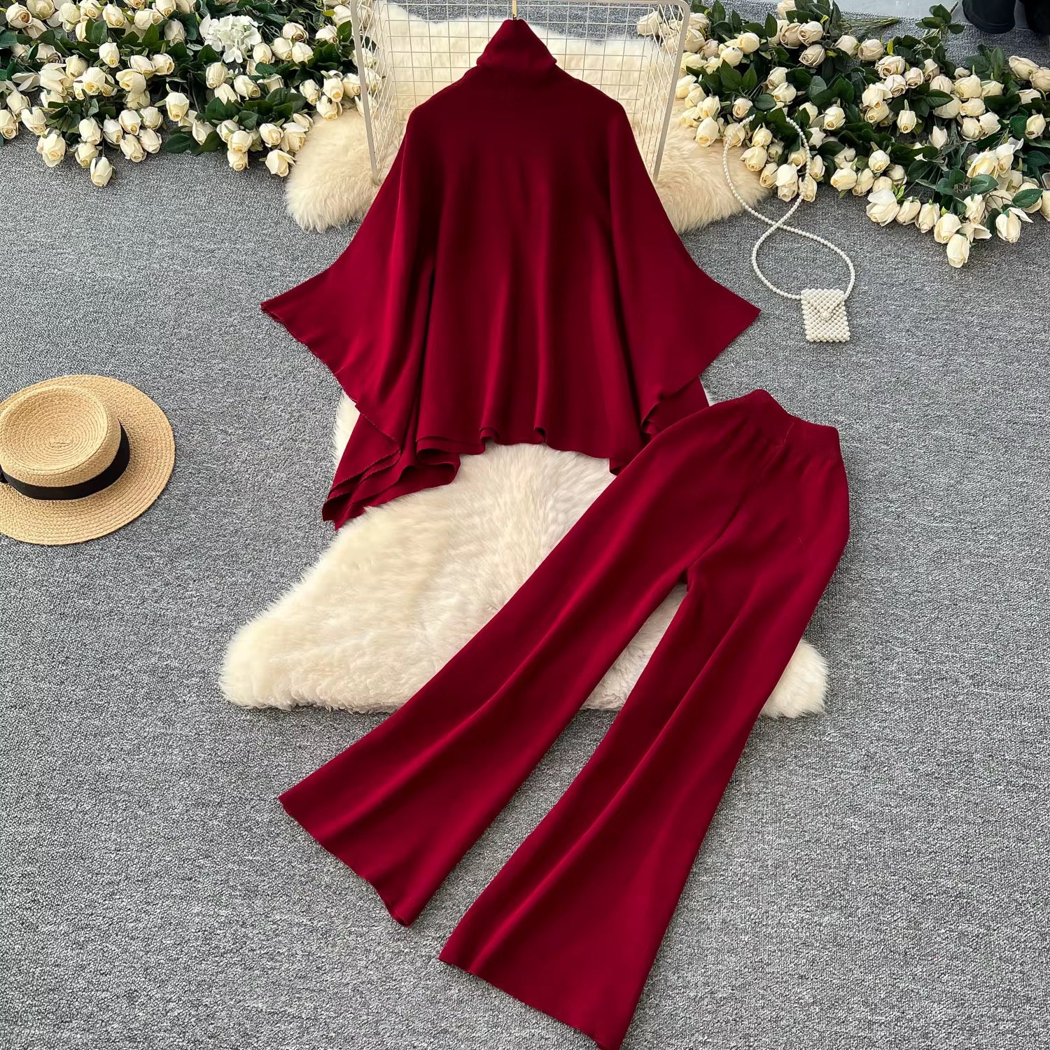 LUINA TWO PIECE COZY BAT WING & HIGH WAIST SLIM KNITTED PANTS SET