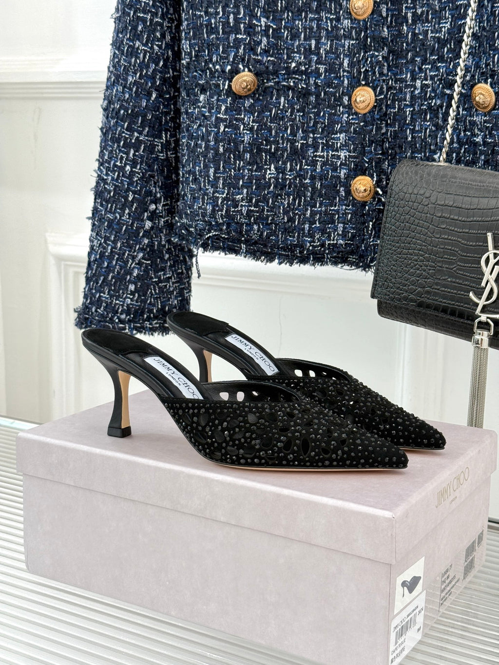 JIMMY CHOO SOLAR 70 LEATHER EMBELLISHED MULES
