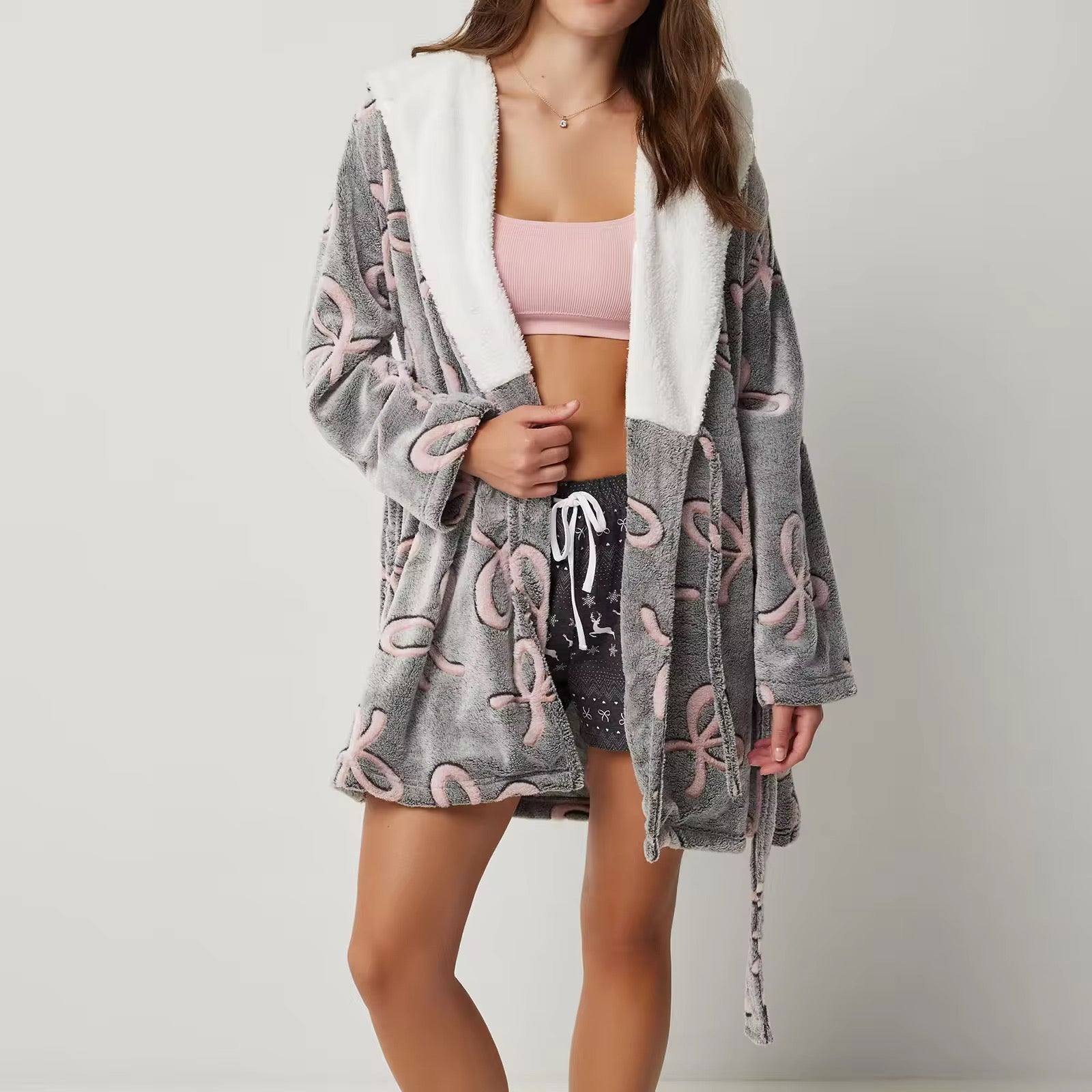 FADED BOW PRINT LAPEL NIGHT ROBE