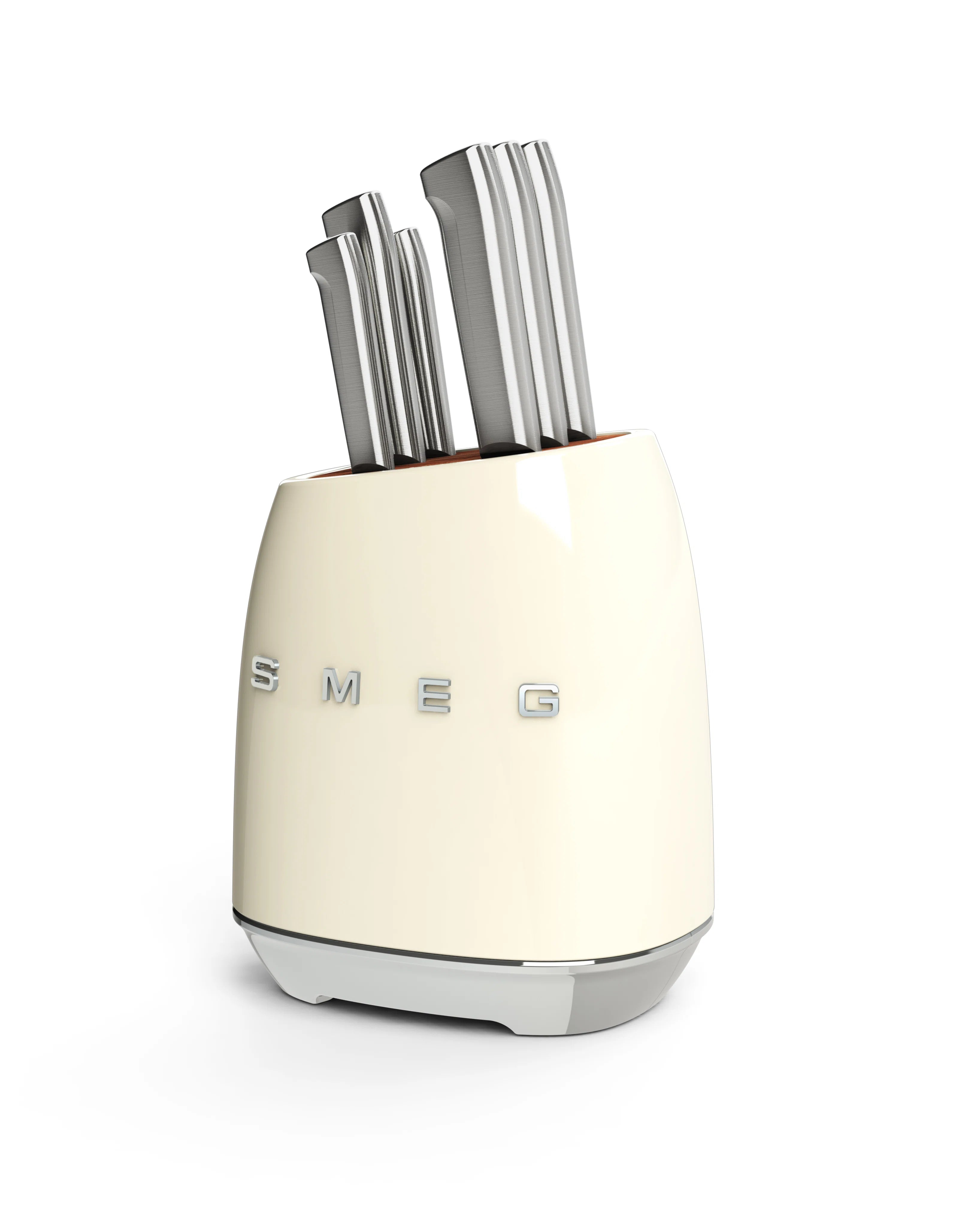 SMEG CREAM STAINLESS STEEL KNIFE BLOCK SET.