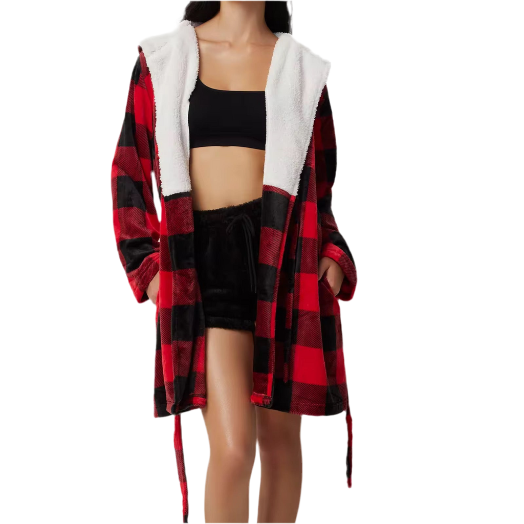 FADED CHECKERED PYJAMA LAPEL NIGHT ROBE