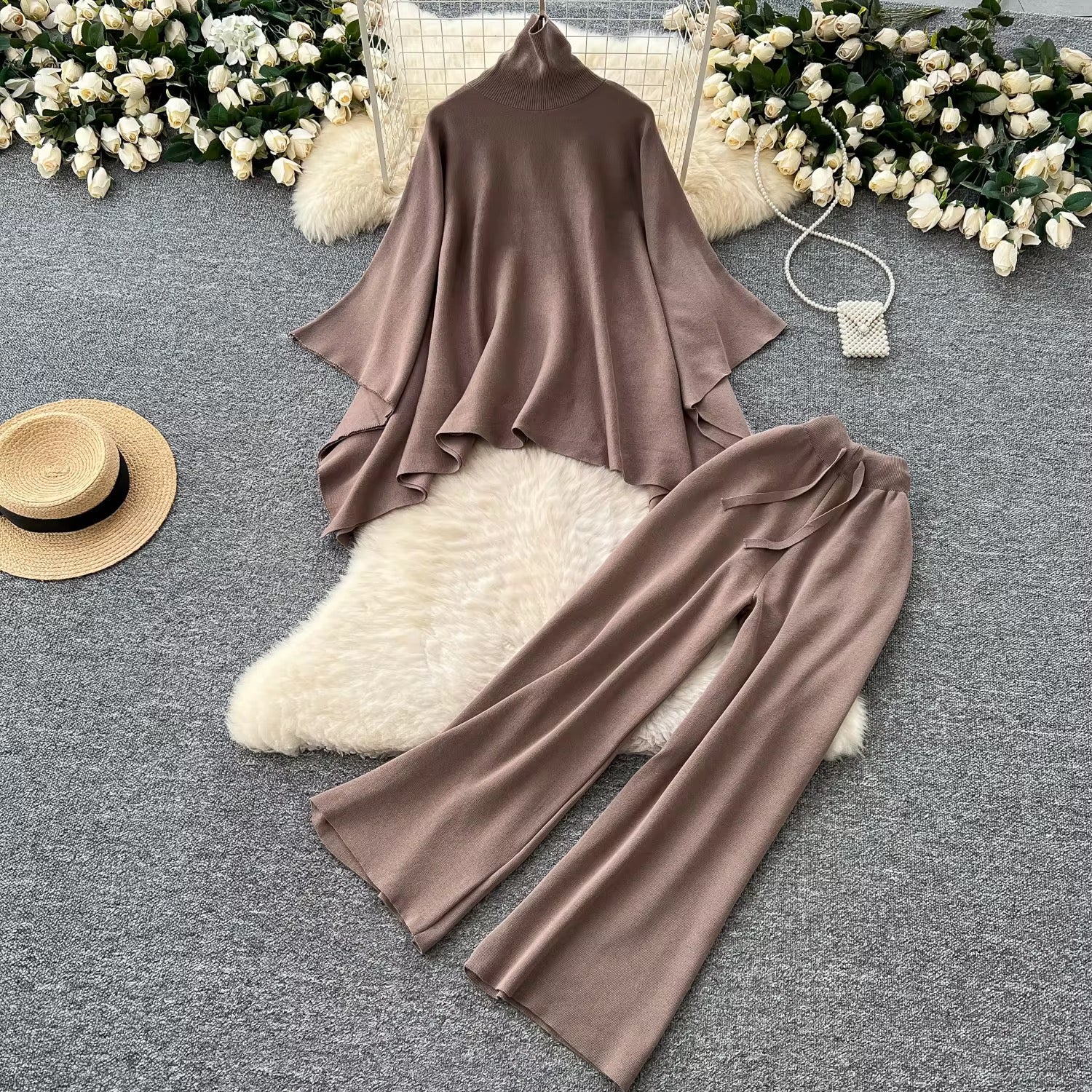 LUINA TWO PIECE COZY BAT WING & HIGH WAIST SLIM KNITTED PANTS SET