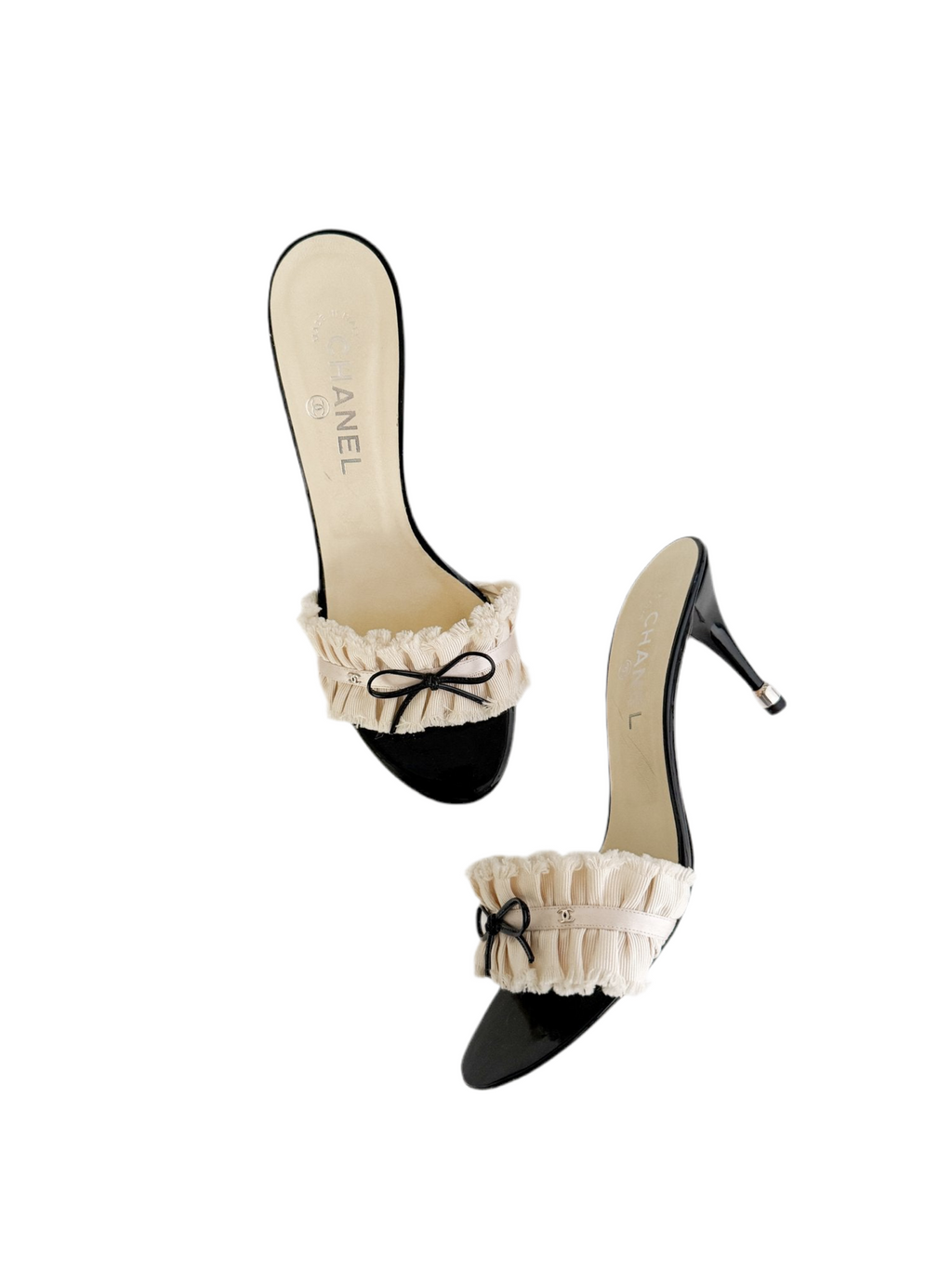 CHANEL ICONIC CC RUFFLE BOW HEELS