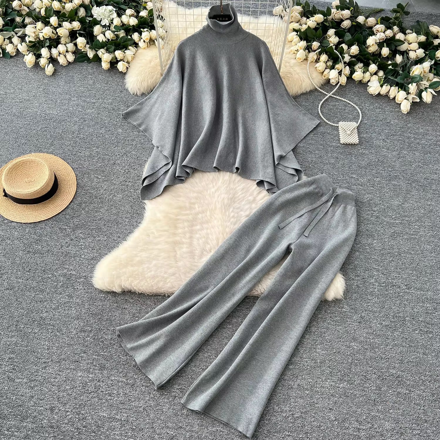 LUINA TWO PIECE COZY BAT WING & HIGH WAIST SLIM KNITTED PANTS SET