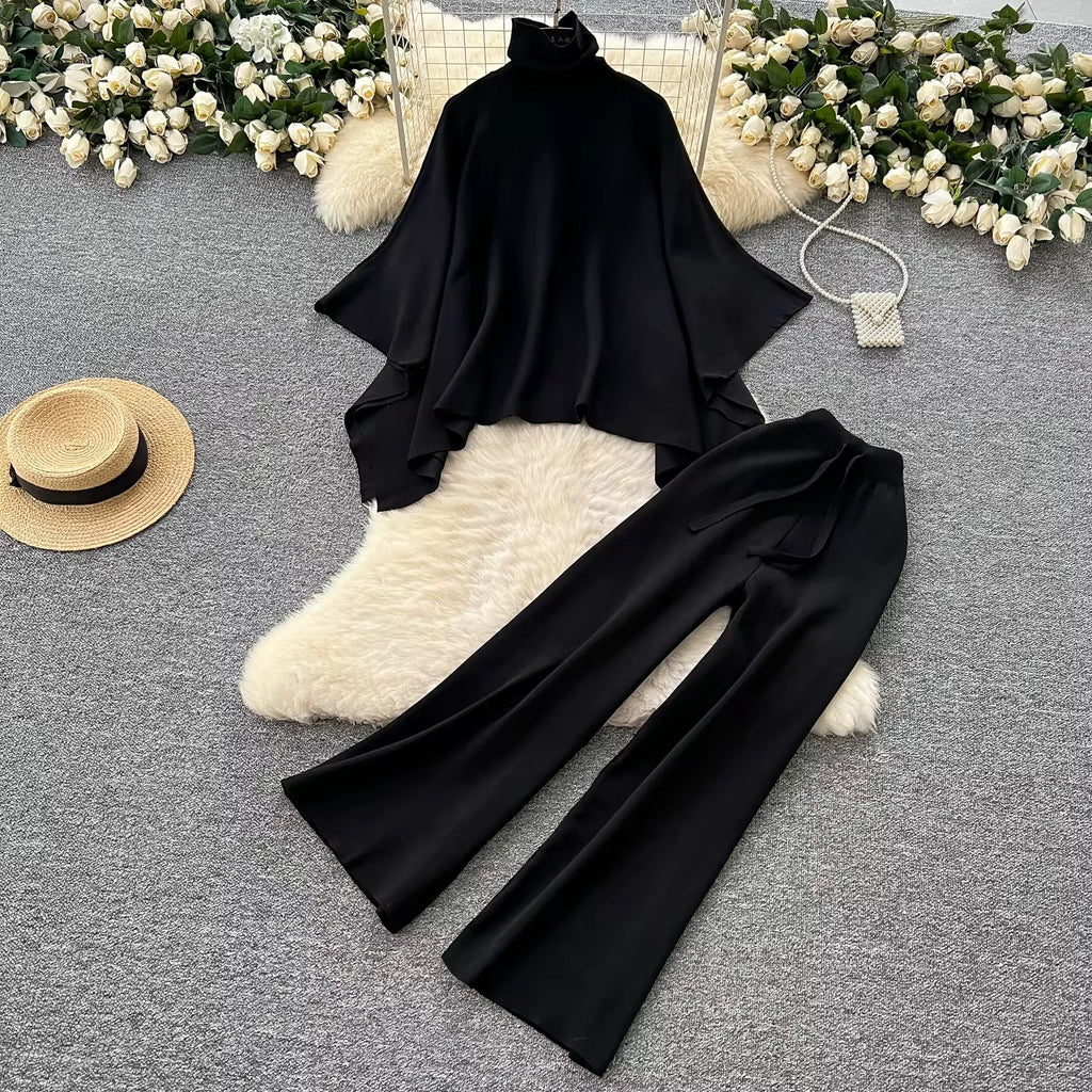 LUINA TWO PIECE COZY BAT WING & HIGH WAIST SLIM KNITTED PANTS SET