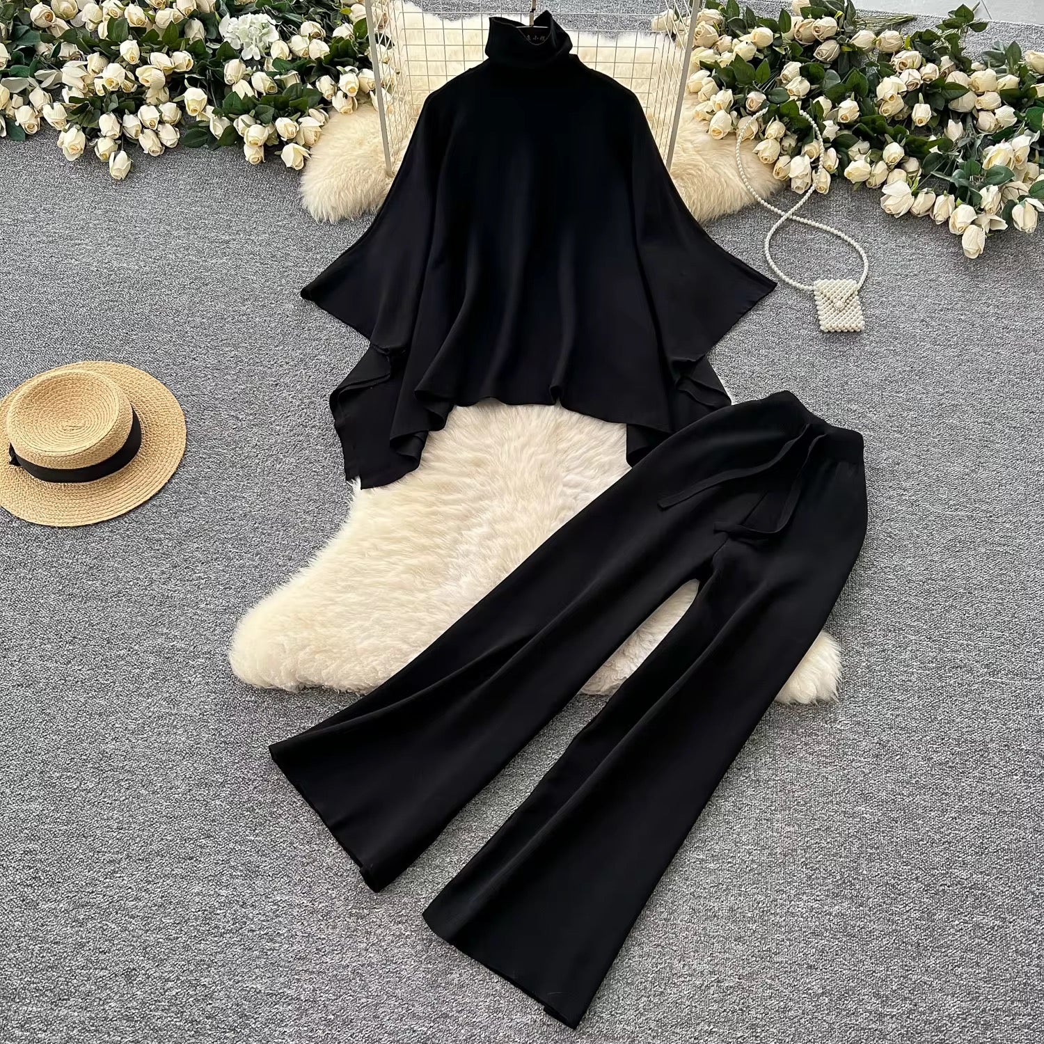 LUINA TWO PIECE COZY BAT WING & HIGH WAIST SLIM KNITTED PANTS SET