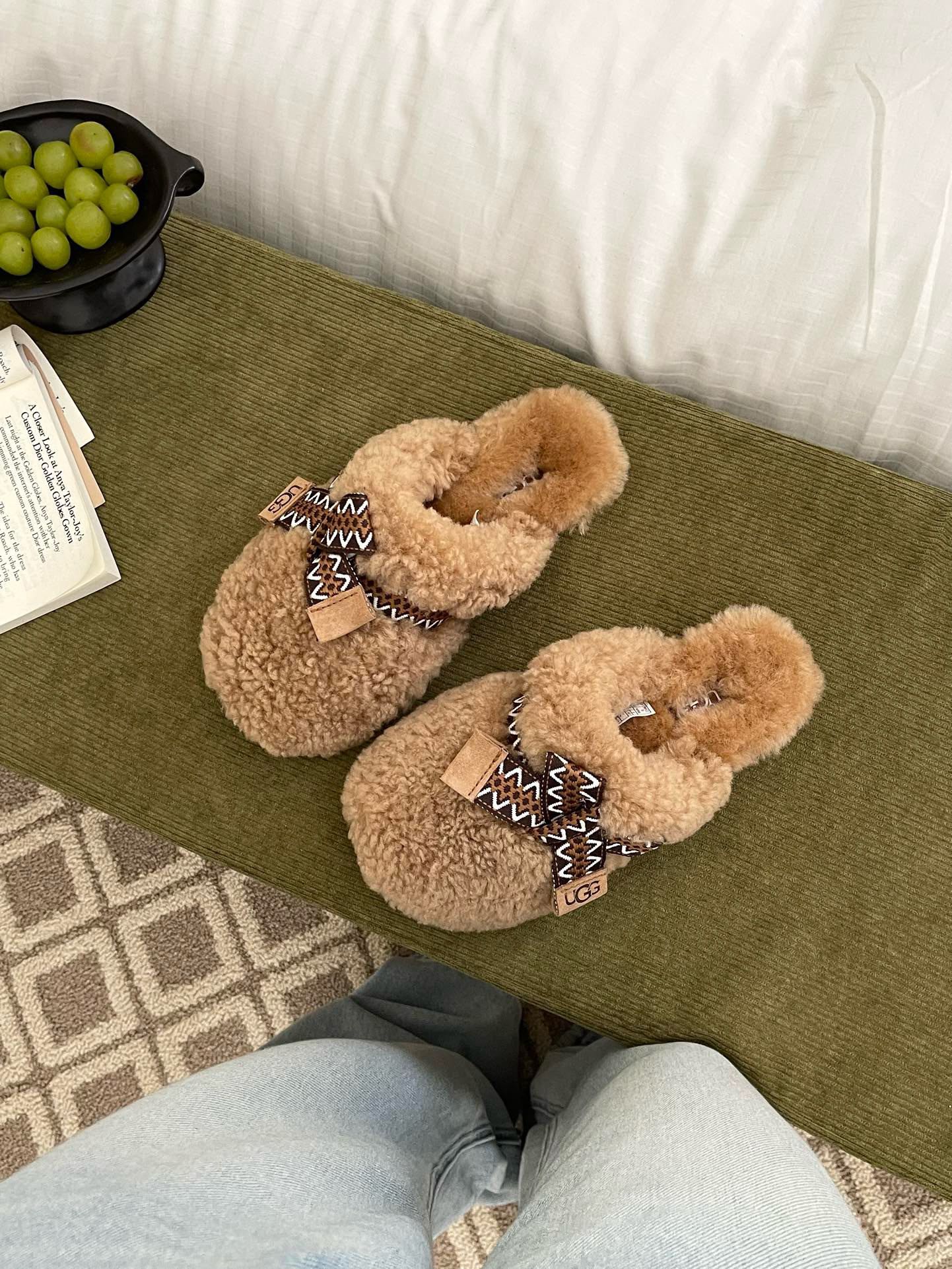 FURRY HEEL SLIDE BRAID SLIPPERS