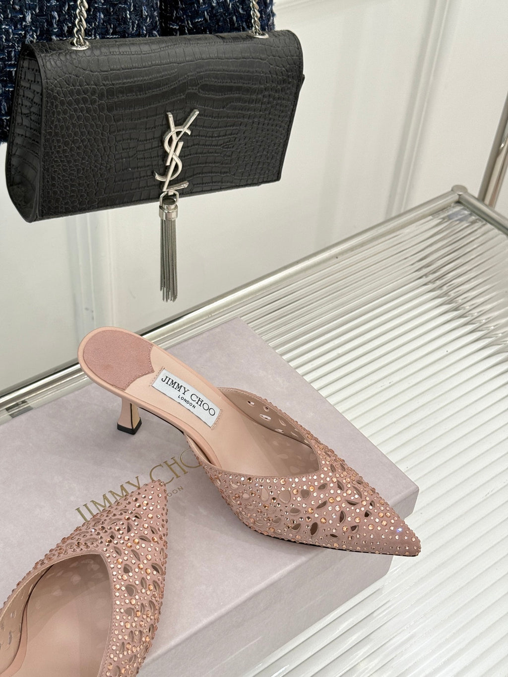 JIMMY CHOO SOLAR 70 LEATHER EMBELLISHED MULES