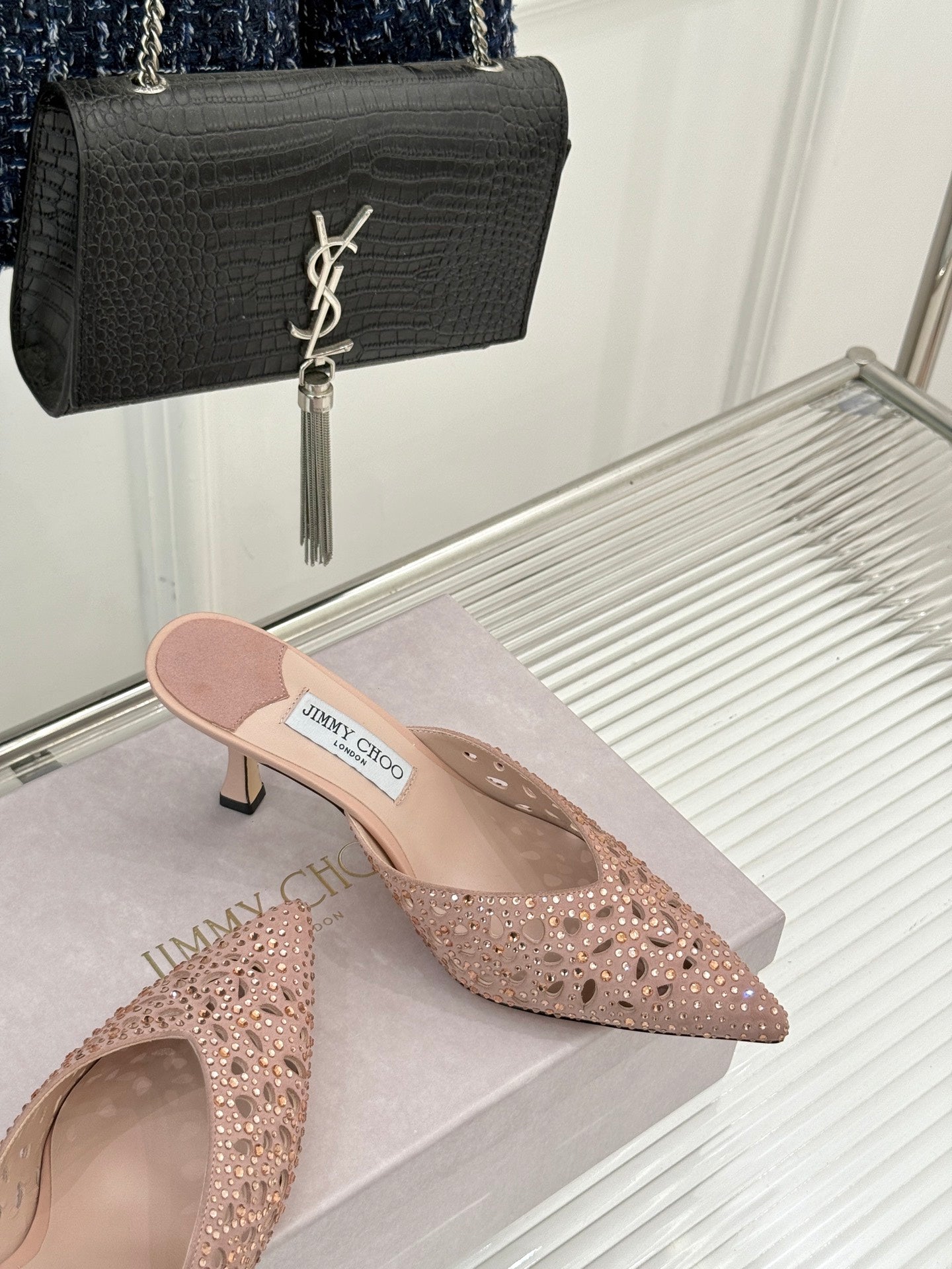 JIMMY CHOO SOLAR 70 LEATHER EMBELLISHED MULES