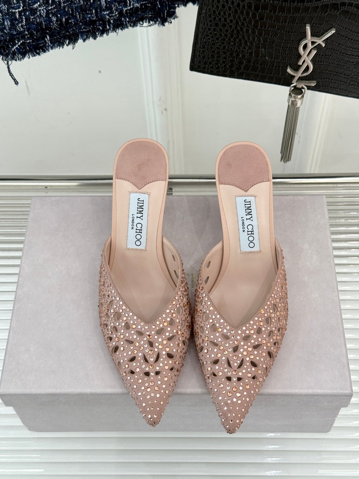JIMMY CHOO SOLAR 70 LEATHER EMBELLISHED MULES
