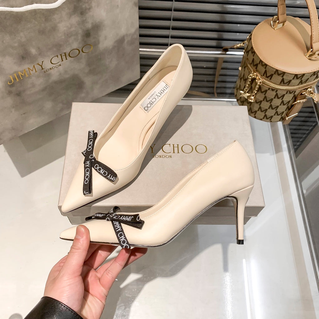 JIMMY CHOO ROMY 60 LATTE NAPPA LEATHER POINTED TOE PUMPS WITH BOW