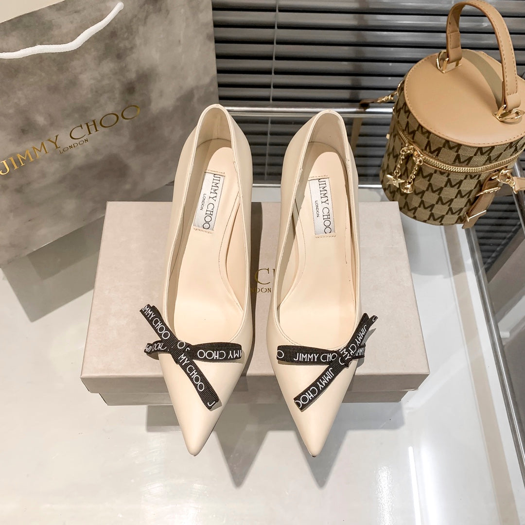 JIMMY CHOO ROMY 60 LATTE NAPPA LEATHER POINTED TOE PUMPS WITH BOW