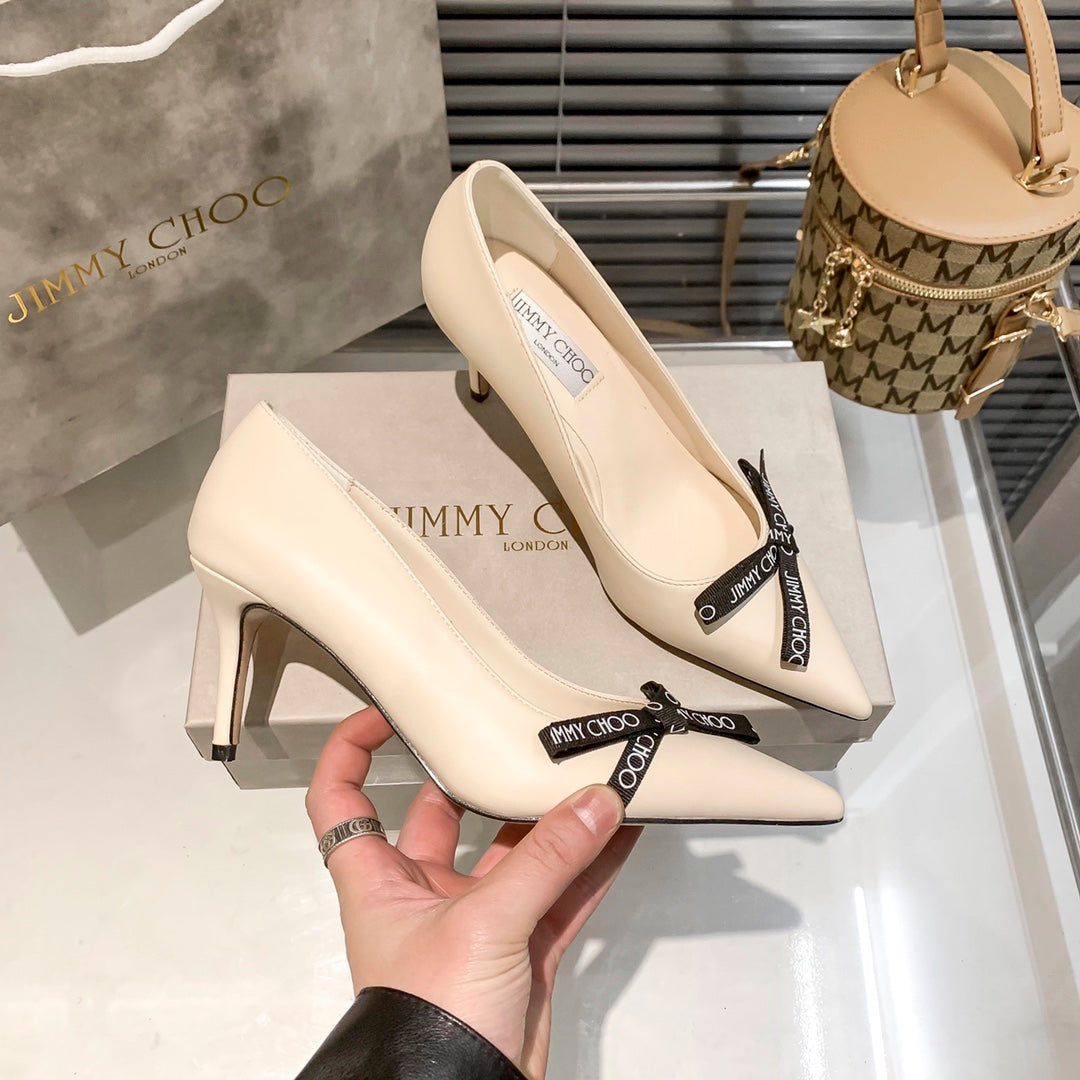 JIMMY CHOO ROMY 60 LATTE NAPPA LEATHER POINTED TOE PUMPS WITH BOW