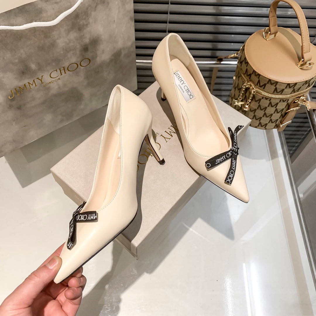 JIMMY CHOO ROMY 60 LATTE NAPPA LEATHER POINTED TOE PUMPS WITH BOW