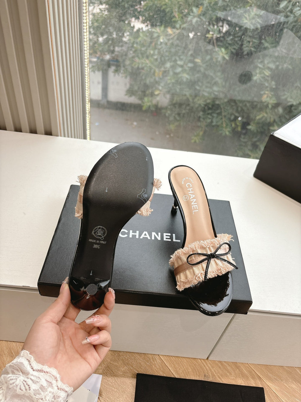 CHANEL ICONIC CC RUFFLE BOW HEELS