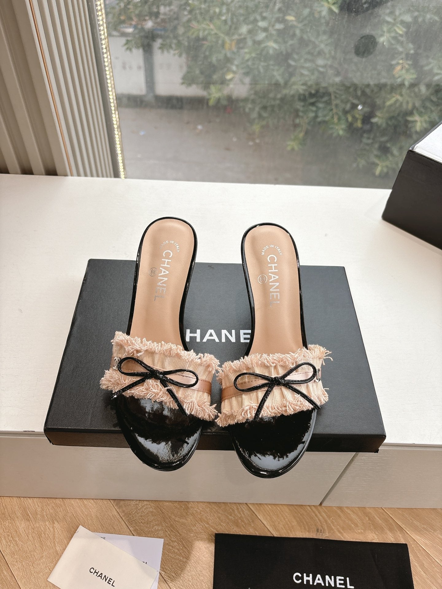 CHANEL ICONIC CC RUFFLE BOW HEELS