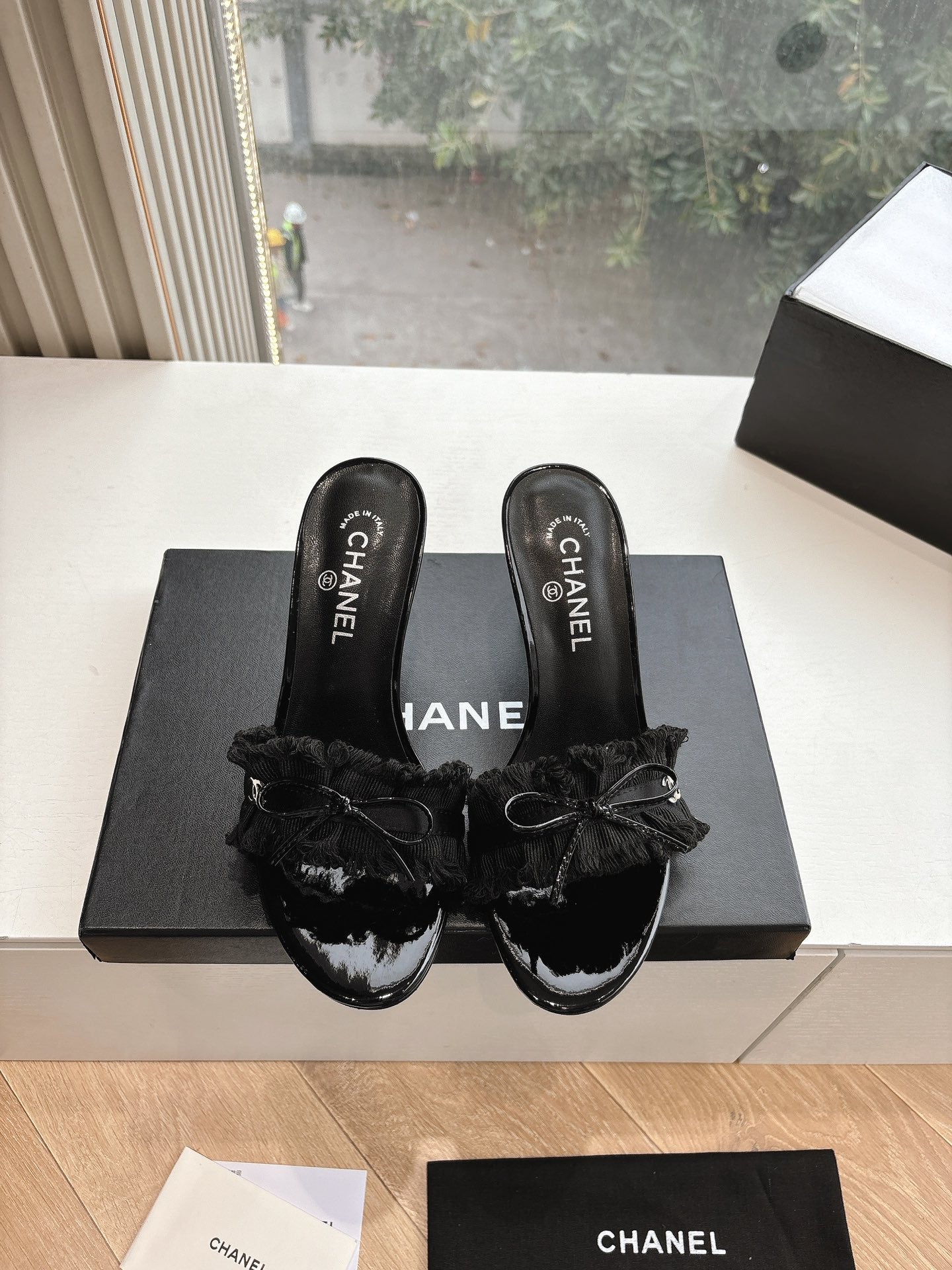 CHANEL ICONIC CC RUFFLE BOW HEELS