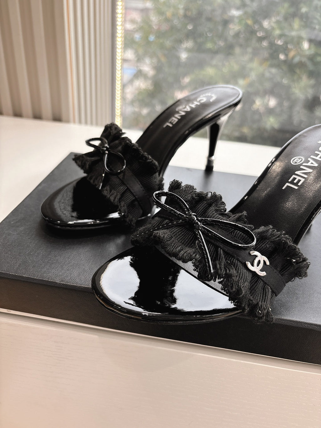 CHANEL ICONIC CC RUFFLE BOW HEELS